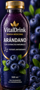 Botella de VitalDrink Arándano 500ml. Bebida rica en antioxidantes que protege las células y fortalece el sistema inmunológico.