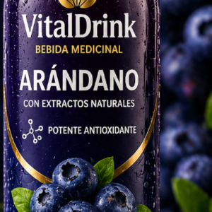 Botella de VitalDrink Arándano 500ml. Bebida rica en antioxidantes que protege las células y fortalece el sistema inmunológico.